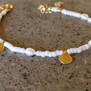 Pearls & Gold Coin Charm Bracelet Baroque Freshwater Gold Turkish Coins Glass Pearl Seed Beads Stacking Bracelet White Ivory image 9