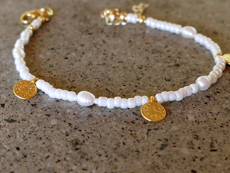 Pearls & Gold Coin Charm Bracelet Baroque Freshwater Gold Turkish Coins Glass Pearl Seed Beads Stacking Bracelet White Ivory image 9