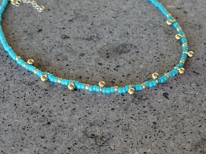 Dainty Turquoise Glass Seed Bead Choker And Gold Ball Charms Simple Everyday Necklace Stacking Layering Plated 24K Beach Boho Vegan image 6