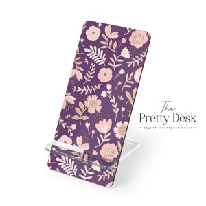 Cell Phone Stand - Unique & Pretty Floral Design on Purple - 5.9" x 2.8" - Free U.S. Shipping!