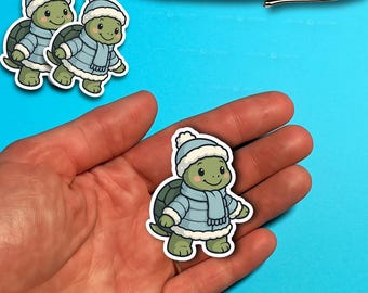 Cute Winter Turtle Sticker – Cartoon Turtle in Winter Clothes – Kawaii Animal Vinyl Sticker for Laptops, Journals & Gifts