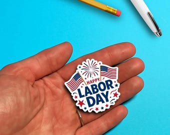 Labor Day Celebratory Sticker – Patriotic USA Design with Fireworks & Flags – Transparent Background, High-Resolution