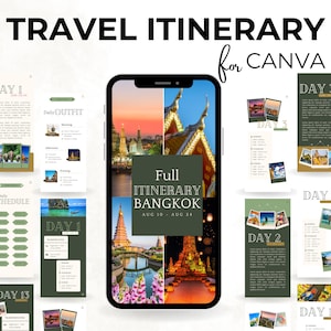 Modelo de itinerário de viagem de 20 páginas para Bangkok, itinerário de rotas de viagem para a Tailândia para impressão, tamanhos para celular, tablet e impressão + planejador de custos de viagem