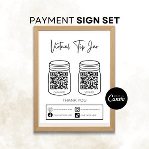 May include: Black and white printable sign with the text "Virtual Tip Jar" and two QR codes labeled "Cashapp" and "Venmo". The sign also includes social media icons for Pinterest, Facebook, Instagram, and TikTok.