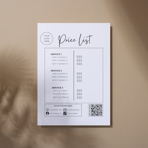 Placa de lista de preços, sinalização para cafeterias, tabela de preços de biscoitos, placa comercial para vitrine, modelo de placa de código QR para Canva