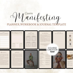 Op de afbeelding: Een digitale plannertemplate voor het manifesteren van doelen. De template bevat secties voor brainstormen, maandelijkse planning, SWOT-analyse, affirmaties, dankbaarheid en meer. De template is ontworpen in een minimalistische stijl met een beige achtergrond en zwarte tekst.
