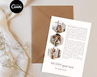 May include: A handwritten note with a gold hexagonal frame around each photo of a family. The note reads "Dear Family of 123 Main Street, Our names are Namel and Name2 Surname. We've been on this amazing journey together for ten years and are blessed with two incredible kids: an adventurous 8-year-old and a spirited 3-year-old. We're searching for the perfect home to continue our family's story. When we visited your beautiful home last Thursday, it was love at first sight. We were particularly impressed by the stunning garden—it's like a dream come true for our children to play and explore. We can already imagine family dinners in the cozy dining room and countless happy memories being made within those walls. Your home truly feels like the perfect one for us. From the bottom of our hearts, we hope to be chosen as the next lucky homeowners. WE LOVE your home. The Smith family."
