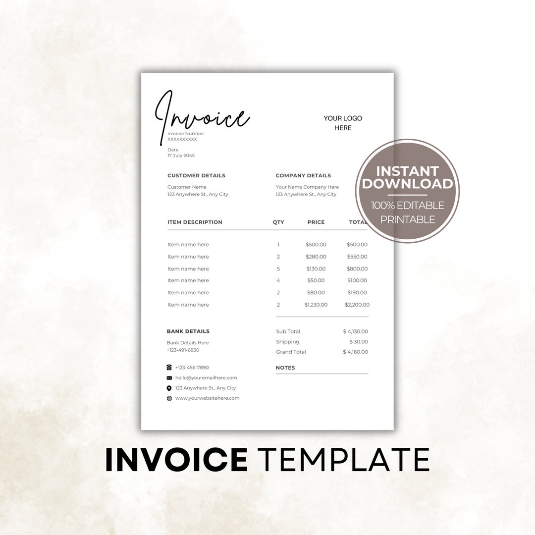 Invoice Template for Small Business, Editable Canva Template Invoice ...