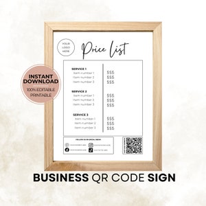 Modelo de lista de preços, placa de preço de produto editável, sinalização para negócios de beleza, folheto de preços para salão de beleza e cabeleireiro, modelo de código QR Canva