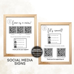Puede incluir: Dos carteles de redes sociales imprimibles con un diseño en blanco y negro. El primer cartel dice "¡Déjanos una reseña!" y tiene códigos QR para Google, Yelp y Facebook. El segundo cartel dice "¡Conectémonos!" y tiene iconos para Pinterest, Facebook, Instagram y TikTok. Ambos carteles incluyen el texto "Nombre de tu empresa aquí".