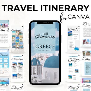 Modelo de itinerário de viagem para a Grécia, editável no Canva Guia de viagem de férias para Mykonos, Creta e Santorini Itinerário Planejador de custos de férias incluído