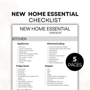 May include: A checklist for new homeowners with a focus on kitchen essentials. The checklist is divided into three sections: Appliances, Fridge Stock, and Kitchen/Cooking. The checklist includes items such as a microwave, toaster oven, blender, electric kettle, coffee maker, stand mixer, slow cooker, rice cooker, electric grill, air fryer, dinner plates, salad plates, soup bowls, dessert plates, drinking glasses, coffee mugs, serving platters, pitcher for beverages, salt and pepper shakers, napkin holder, cookware set, utensil set, cutting board, chef's knife set, mixing bowls, measuring cups and spoons, can opener, colander, baking sheets, kitchen towels, flour, sugar, salt, pepper, cooking oil, vinegar, soy sauce, pasta, rice, and canned beans.