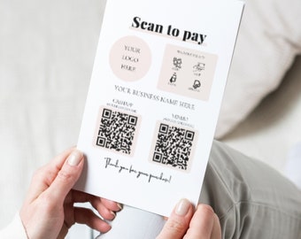 Op de afbeelding: Een witte kaart met de tekst "Scan to pay" en een roze cirkel met de tekst "Your logo here". Onder de tekst bevindt zich een sectie met de tekst "Your business name here" en twee QR-codes met de labels "CashApp" en "Venmo". De kaart bevat ook een bedankbericht.