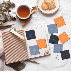 Blogger-bevestigingskaartendeck, canva bewerkbaar therapiekantoorinrichting, afdrukbare sjablonen voor levenscoaching, sociale media-formaat bericht 1080 x 1080 px