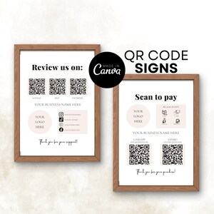 Op de afbeelding: Twee printbare borden met QR-codes voor bedrijven. Het eerste bord zegt "Review us on:" met QR-codes voor Google, Yelp en Facebook. Het tweede bord zegt "Scan to pay" met QR-codes voor CashApp en Venmo. Beide borden hebben ruimte voor een bedrijfslogo en bedrijfsnaam.