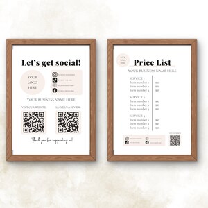 Bundel met leveranciersbord - Lets get Social & Hair Prijslijstsjabloon, QR-code social media-bord, afdrukbaar klein bedrijf Google-recensie Volg ons
