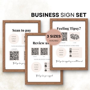 Płatność za pomocą kodu QR Business Sign, skanowanie w celu zapłaty i oceny, edytowalny unikalny szablon wizytówki Canva dla mediów społecznościowych, śledź nas