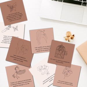 Baraja de cartas de autocuidado, 50 pegatinas de diario de amor propio, tarjetas minimalistas imprimibles, baraja de cartas de afirmación, kit de tablero de visión con derechos de reventa