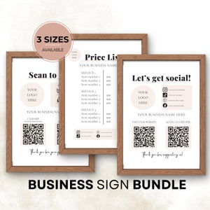 Small Business Sign Bundle-Vorlagen - Scan To Pay Venmo QR-Code, Folgen Sie uns Social Media Zeichen & Preisliste Vorlage, Google Bewertung