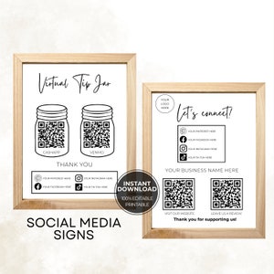 May include: Two framed social media signs with a light wood finish. One sign says "Virtual Tip Jar" with QR codes for CashApp and Venmo. The other says "Let's connect!" with social media icons. Text includes "Instant Download".