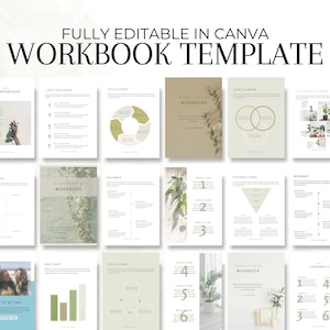 Op de afbeelding: Een groene en witte werkboek sjabloon met verschillende diagram- en grafiek lay-outs. De sjabloon is volledig bewerkbaar in Canva en bevat titels zoals "Roadmap", "Piramidediagram", "Cyclusdiagram" en "7-daagse uitdaging".