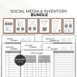 May include: A bundle of printable social media and inventory templates. Includes framed signs with QR codes and text like "Leave us a review!" and "Scan to pay." Also includes order, expense, income, debt, and bill trackers. "US Letter Available" text is visible.