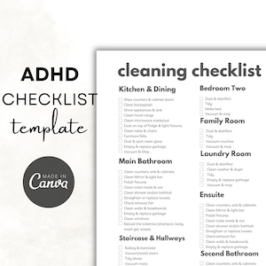 Può includere: Un modello di lista di controllo per la pulizia bianca con le parole "ADHD CHECKLIST template" in nero. La lista di controllo è divisa in sezioni per diverse stanze, tra cui cucina, bagni e camere da letto.