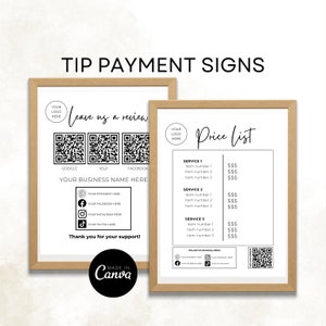 Puede incluir: Dos carteles imprimibles en blanco y negro para un negocio. El primer cartel dice "Déjanos una reseña" y tiene códigos QR para Google, Yelp y Facebook. El segundo cartel dice "Lista de precios" y tiene una lista de servicios y precios. Ambos carteles tienen un lugar para un logo.