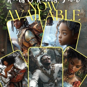 Può includere: Un collage di quattro carte dei tarocchi con tema steampunk. Le carte mostrano persone con la pelle scura e costumi elaborati. Il testo "Roots & Rivets Tarot" e "NOW AVAILABLE" è visualizzato in lettere gialle su uno sfondo di metallo arrugginito. Il testo "ORDER NOW" è visualizzato in lettere verdi su uno sfondo giallo.