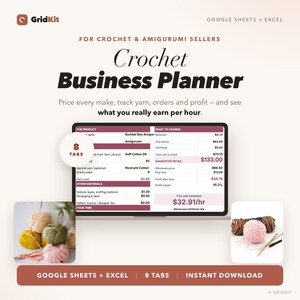 May include: A digital business planner for crochet and amigurumi sellers compatible with Google Sheets and Excel. The interface displays pricing, yarn tracking, and profit calculations with 8 tabs. Includes images of yarn balls and crochet hooks.