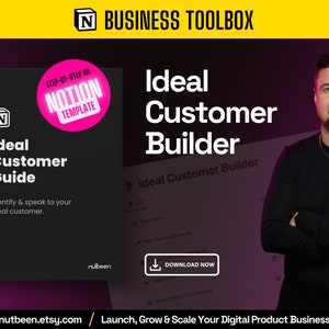 May include: A black and pink digital product guide titled "Ideal Customer Guide" with the text "Step-by-Step 101 Notion Template" on a pink circle. The guide is for identifying and speaking to your ideal customer. The guide is on a pink and purple background with a man standing in the background.