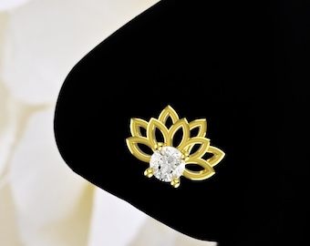 Anneau de nez fleur de lotus, clou de nez zircon cubique, bijoux de nez fleur, anneau de nez délicat fait main,