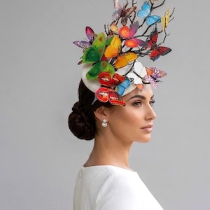 Multicolour Butterflies Headpiece Butterfly Fascinator Wedding Fascinator Colourful Branches Derby Hat Ascot Headwear Ivory Hat