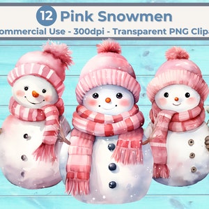 Pink Snowman Clipart, PNG Transparent, Watercolor, Christmas Winter Illustrations, Commercial Use, INSTANT DOWNLOAD, for Craft and more