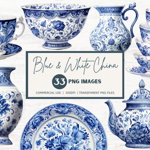 Chinoiserie blauwe China clipartbundel, transparante png's, commercieel gebruik, INSTANT DOWNLOAD, aquarel theepot theekopje plaat vaas kom kruik