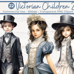 Pacote de clipart Victorian Children 2, PNGs transparentes, uso comercial, DOWNLOAD INSTANTÂNEO, diários indesejados, álbum de recortes, meninas e meninos vintage