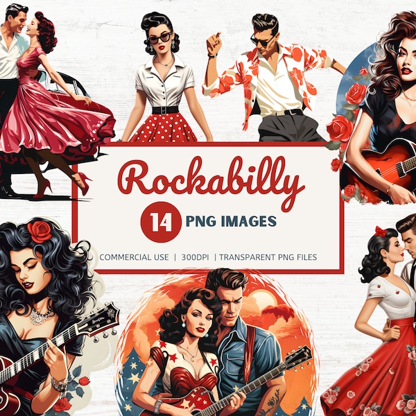 Rockabilly Clipart Grafiken, Jungs und Mädels, Transparente PNGs, Kommerzielle Nutzung, SOFORTIGER DOWNLOAD, Junk Journals, Scrapbook, Papierkunst & Mehr