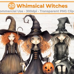 Whimsical Witch Halloween Clipart, PNG Transparent, Halloween Illustrations, Commercial Use, INSTANT DOWNLOAD, Black Cat and Pumpkins