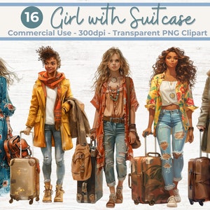 Chica con paquete de imágenes prediseñadas de maleta, equipaje de viaje, PNG transparentes, uso comercial, DESCARGA INSTANTÁNEA, vacaciones, ilustración de moda