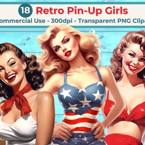 Retro Pin-Up Girls Clipart, Transparent PNGs, Commercial Use, American Women, INSTANT DOWNLOAD, Use for Junk Journals, Scrapbook, Paper Arts