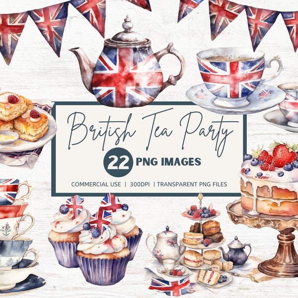 British Tea Party Clipart Watercolor, Transparent PNGs, Commercial Use, Union Jack Bunting Decorations, INSTANT DOWNLOAD, Teapot Teacup Cake