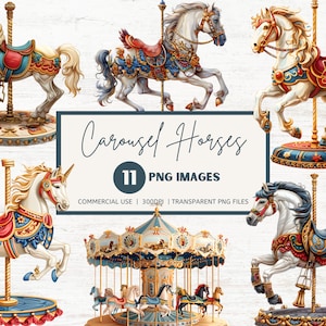 Carousel Horse Clipart, Merry-Go-Round Ride, Transparent PNGs, Commercial Use, INSTANT DOWNLOAD, Junk Journals, Scrapbook, Paper Arts & More