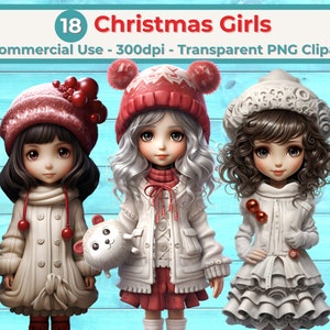 Weihnachten Mädchen Clipart, transparente PNGs, kommerzielle Nutzung, SOFORTIGER DOWNLOAD, verwenden Sie für Junk Journals, Scrapbook, Mixed Media, Xmas Paper Arts