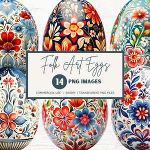 Pacchetto di clipart di uova di Pasqua di arte popolare, PNG trasparenti, uso commerciale, DOWNLOAD IMMEDIATO, colori primaverili, diario spazzatura e forniture artigianali