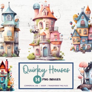 Quirky Houses Clipart Bundle, Transparent PNGs, Commercial Use, INSTANT DOWNLOAD, Mixed Media Houses, Whimsical Colorful Design Graphics