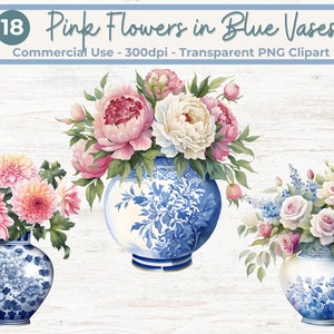 Roze bloemen in blauwe vaas clipart, chinoiserie Delfts blauw, transparante png's, commercieel gebruik, INSTANT DOWNLOAD, Papercraft, junk journals