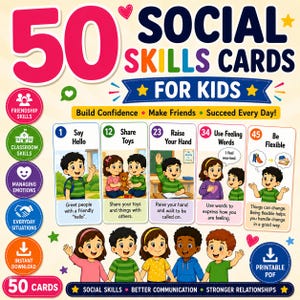 50 Social Skills Cards for Kids | SEL, ADHD, Speech Therapy Support (PDF)
