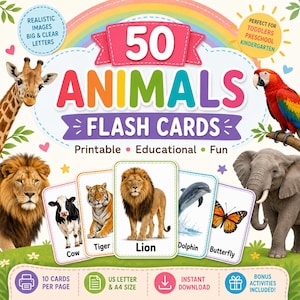 Può includere: Un set di 50 flashcard sugli animali con un titolo colorato sotto un arcobaleno. Il design include illustrazioni di giraffa, pappagallo, leone, mucca, tigre, delfino e farfalla. Il testo include 50 ANIMALS FLASH CARDS, Printable, Educational, Fun.