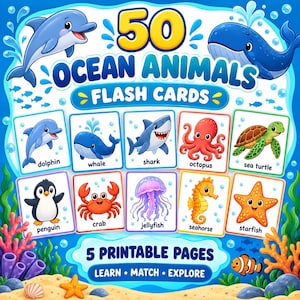 May include: A set of 50 Ocean Animals flash cards featuring cartoon illustrations of a dolphin, whale, shark, octopus, sea turtle, penguin, crab, jellyfish, seahorse, and starfish. The text reads 50 Ocean Animals Flash Cards, 5 Printable Pages, Learn, Match, Explore.