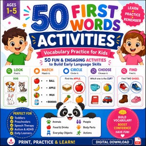 Pode incluir: Uma capa colorida de livro de atividades educativas intitulada 50 First Words Activities para idades de 1 a 5 anos. Apresenta desenhos animados de crianças, um panda e vários exercícios de aprendizagem como combinar, circular e encontrar objetos.